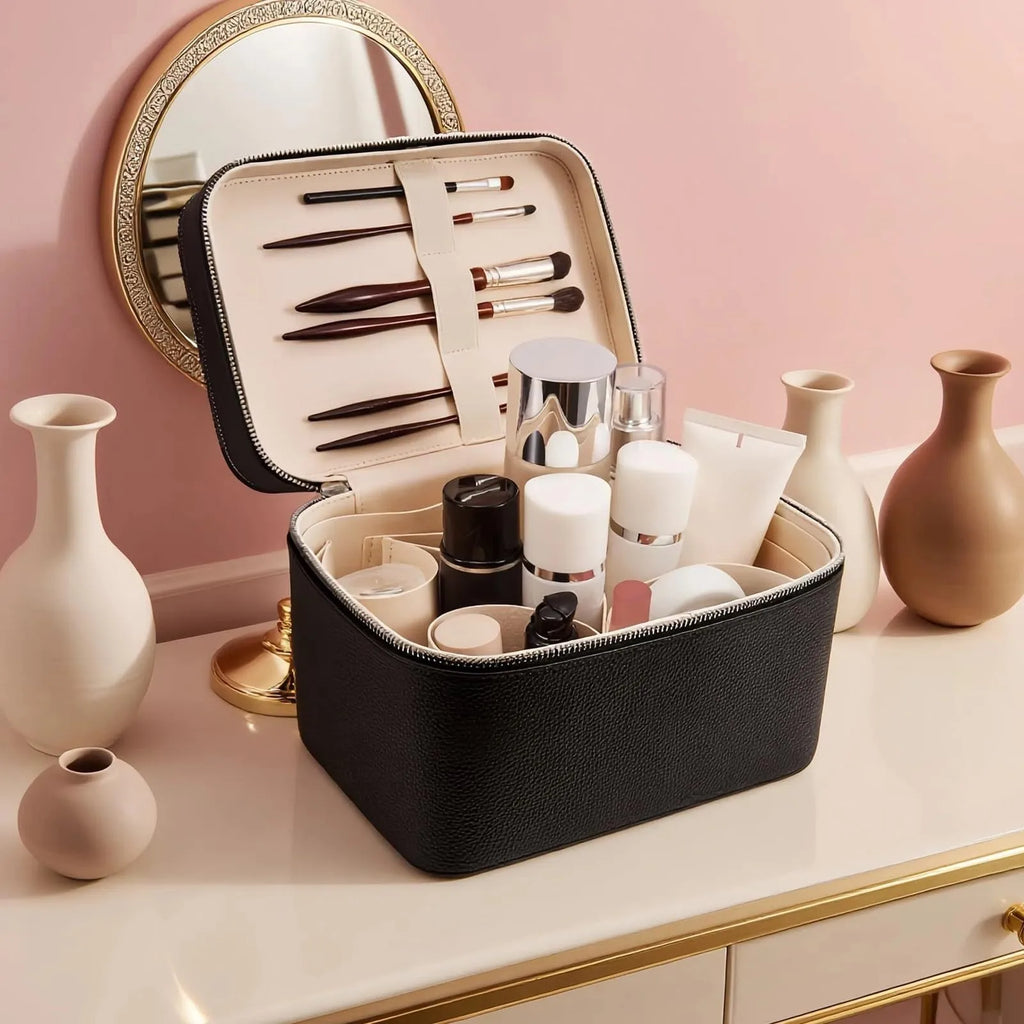 Double-Layer Vanity Case — PU Leather Travel Bag